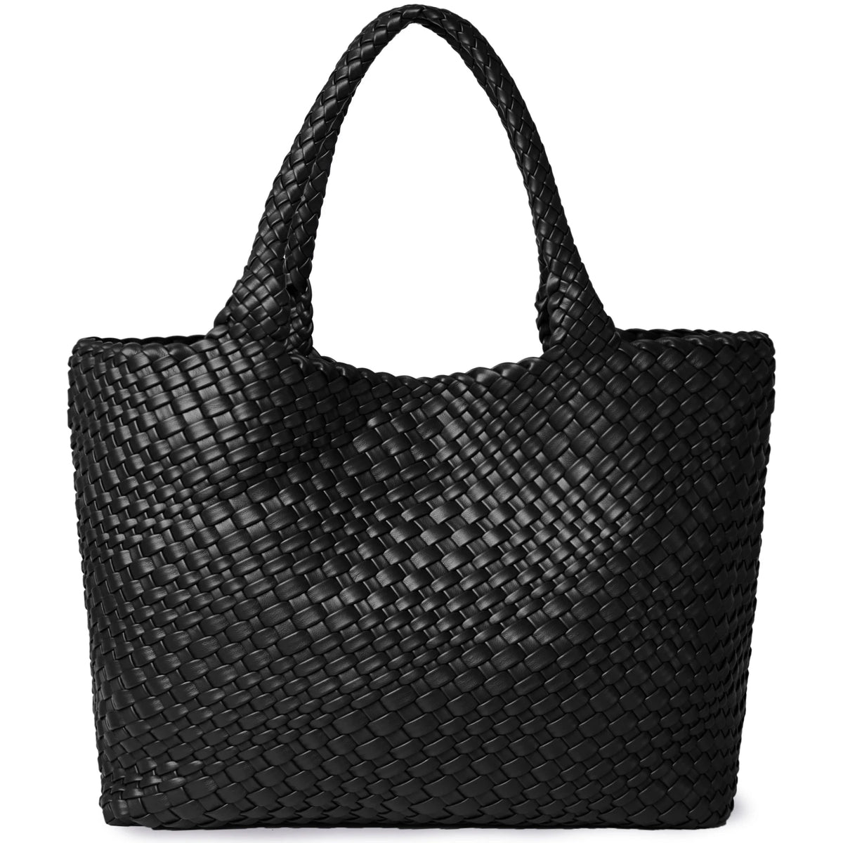 Black handwoven vegan leather tote bag with a woven texture.
