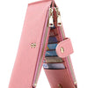 A pink RFID protection bi-fold wallet with a zipper closure and card slots.