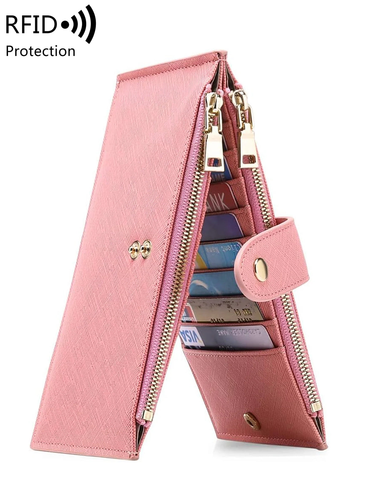 A pink RFID protection bi-fold wallet with a zipper closure and card slots.