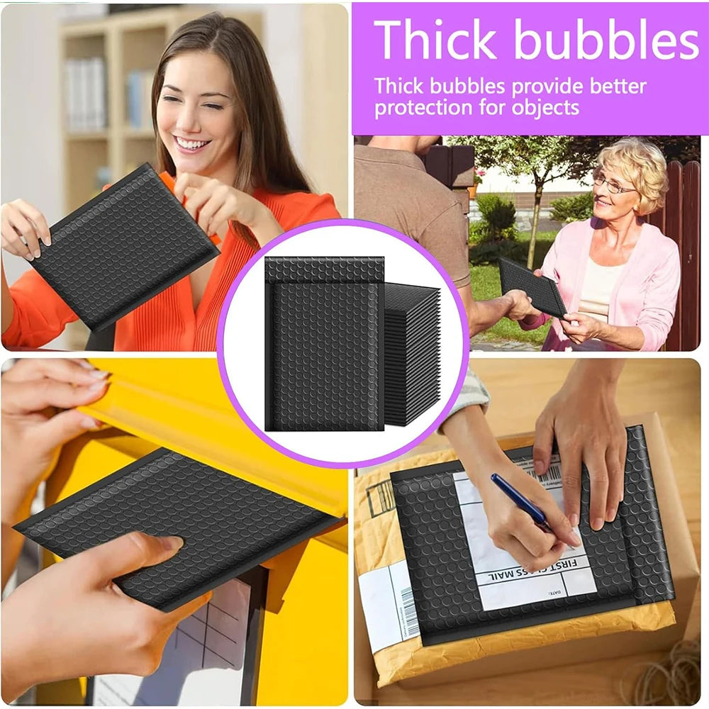 Black bubble mailers with self-seal closure being used to protect objects and mail.