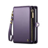 Cartera/portafolios de cuero morado para pasaporte con cremallera y correa dorada.