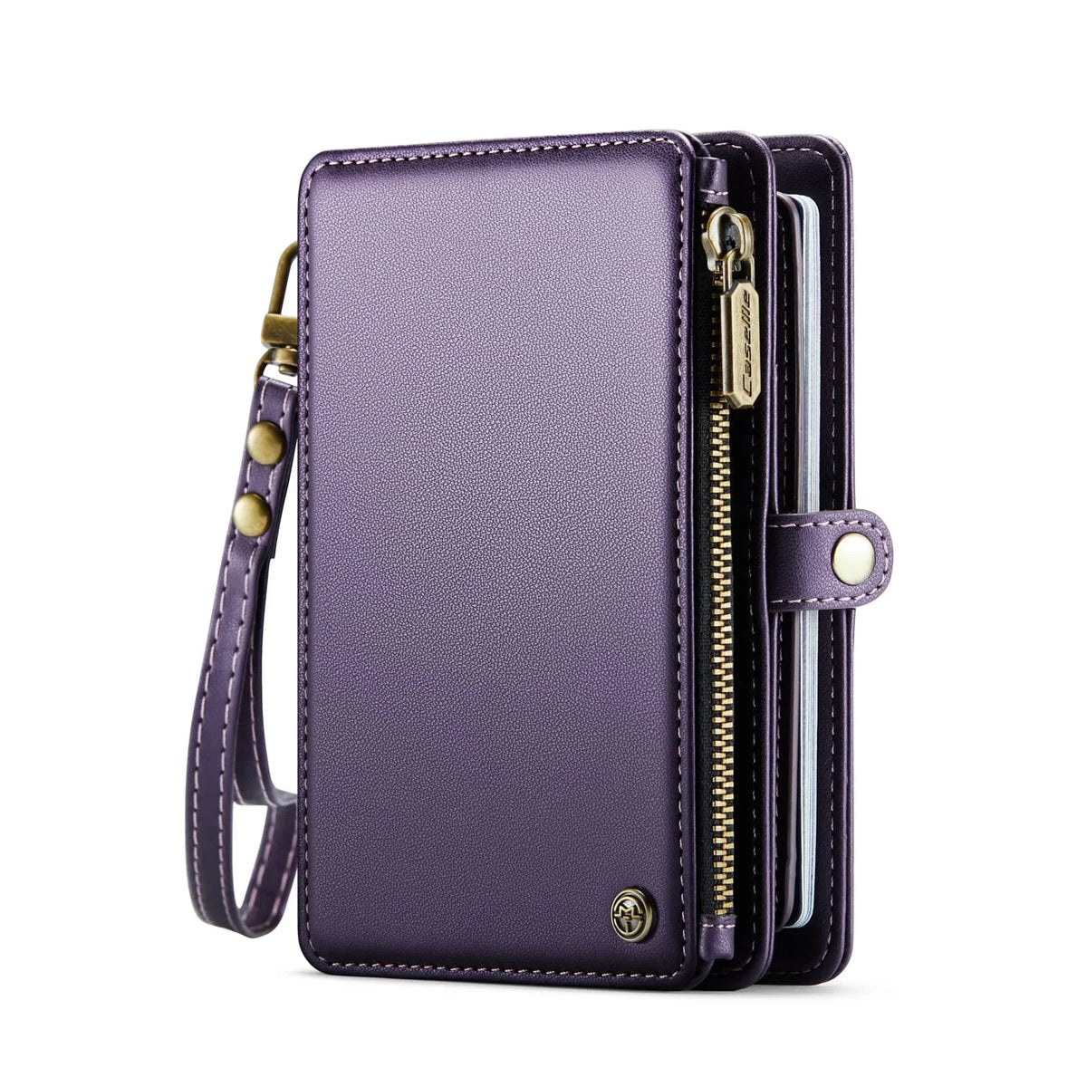 Cartera/portafolios de cuero morado para pasaporte con cremallera y correa dorada.