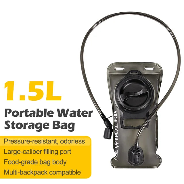 A portable water storage bag with a black hose and a gray body is shown.