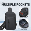 Black lightweight chest bag featuring multiple pockets including a front pocket and an inner phone pocket
