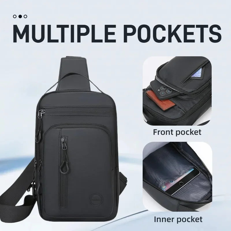 Black lightweight chest bag featuring multiple pockets including a front pocket and an inner phone pocket
