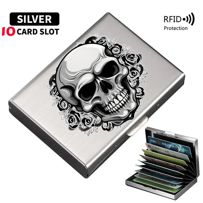 Silver RFID protection card slot wallet with a skull design