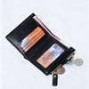 A black bi-fold wallet with a gold zipper features several cards and coins.