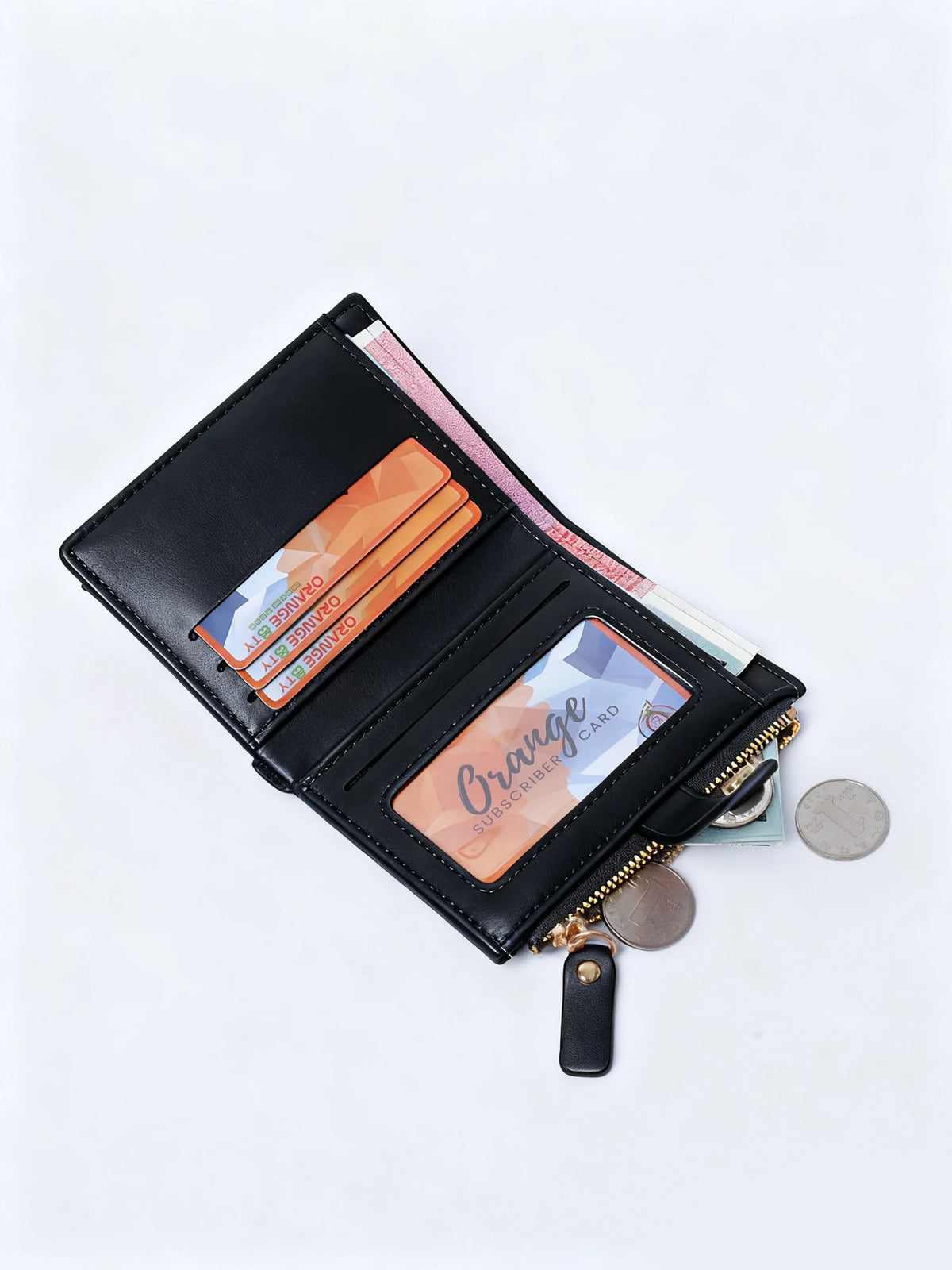 A black bi-fold wallet with a gold zipper features several cards and coins.