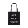 Sac de courses en toile noire avec du texte blanc indiquant 'Ajoutez votre design'