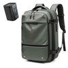 A dark olive green heavy duty laptop backpack with vacuum compression features is shown next to its separate power unit.