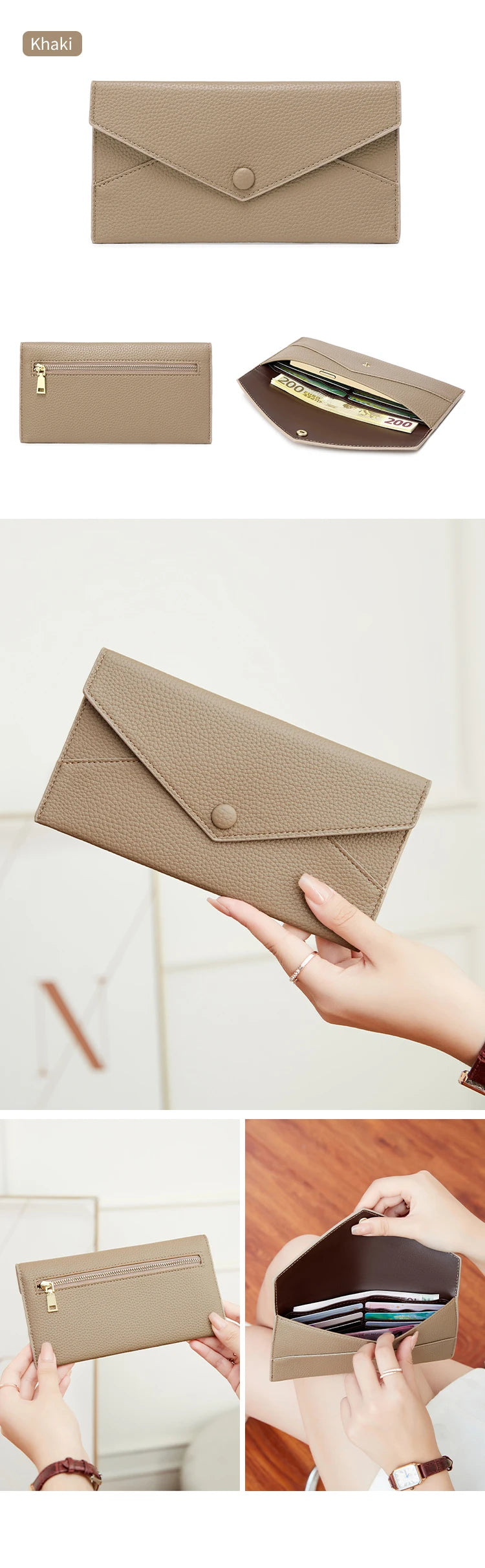 Beige minimalistisches PU-Leder-Münzportemonnaie in verschiedenen Ansichten, gefaltet und geöffnet.