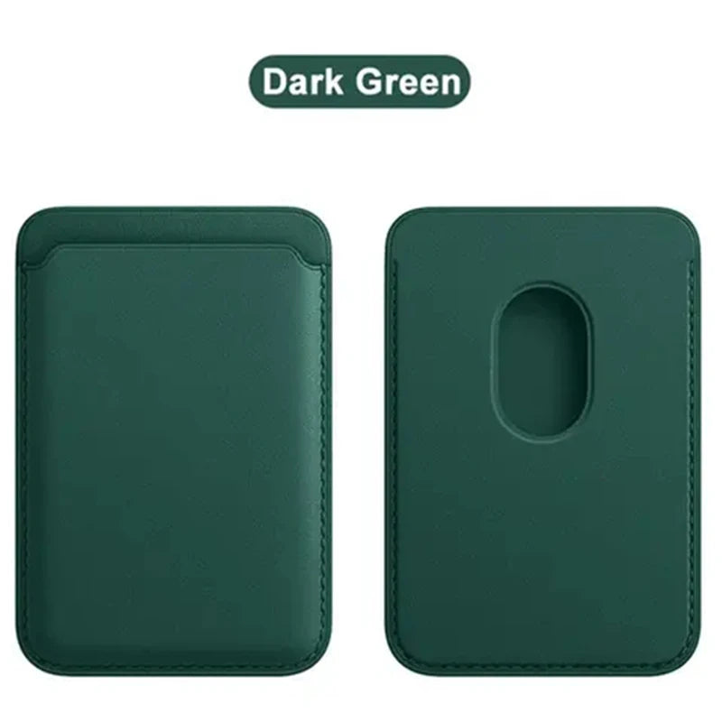 Dark green MagSafe leather card wallet for iPhone shown in two views