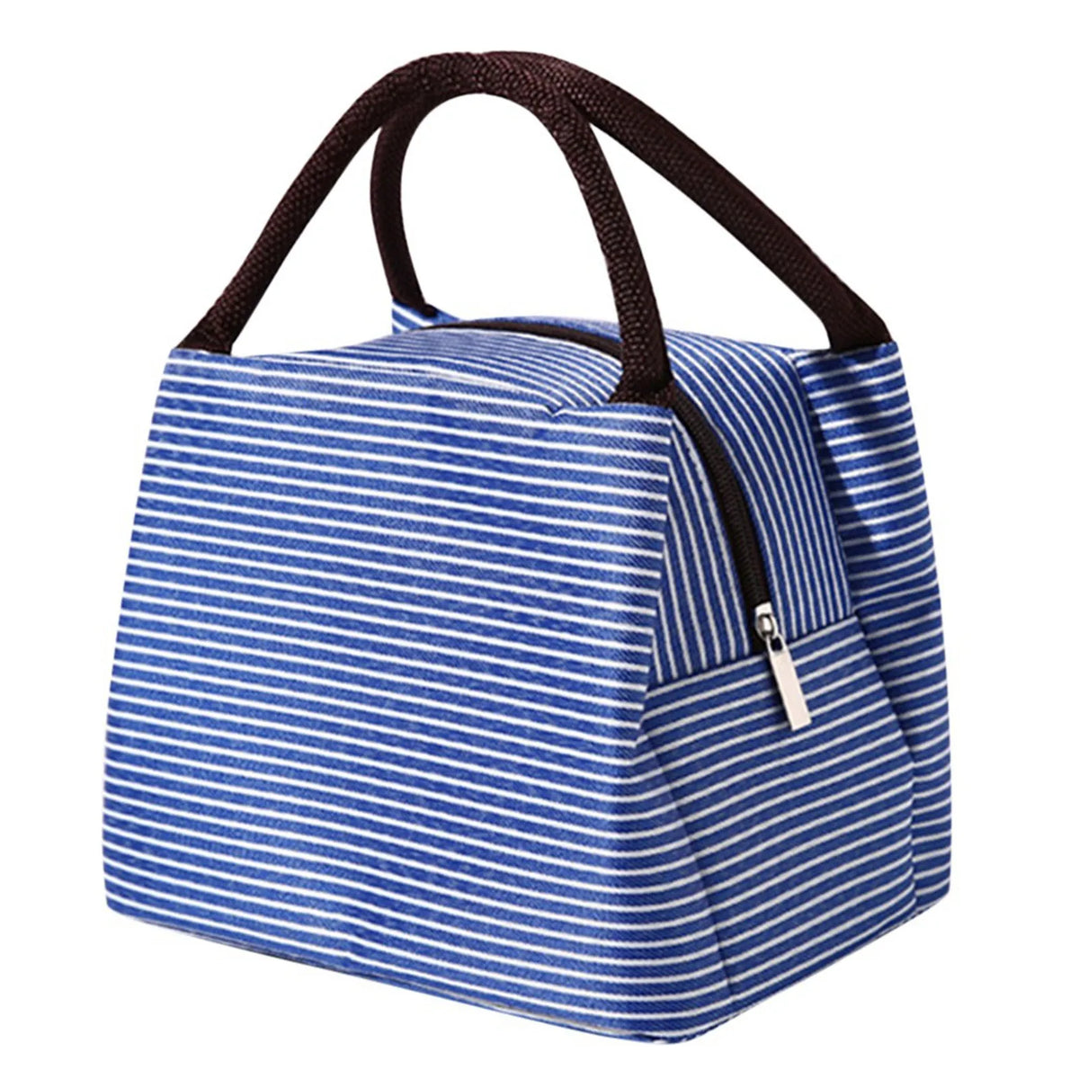 A blue and white striped insulated lunch tote bag with a black adjustable shoulder strap.