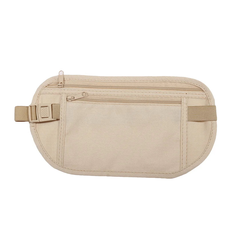 A beige invisible waist pack designed for travel and security.