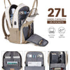 A beige women's fashion laptop backpack with multiple pockets and straps shown in various configurations.