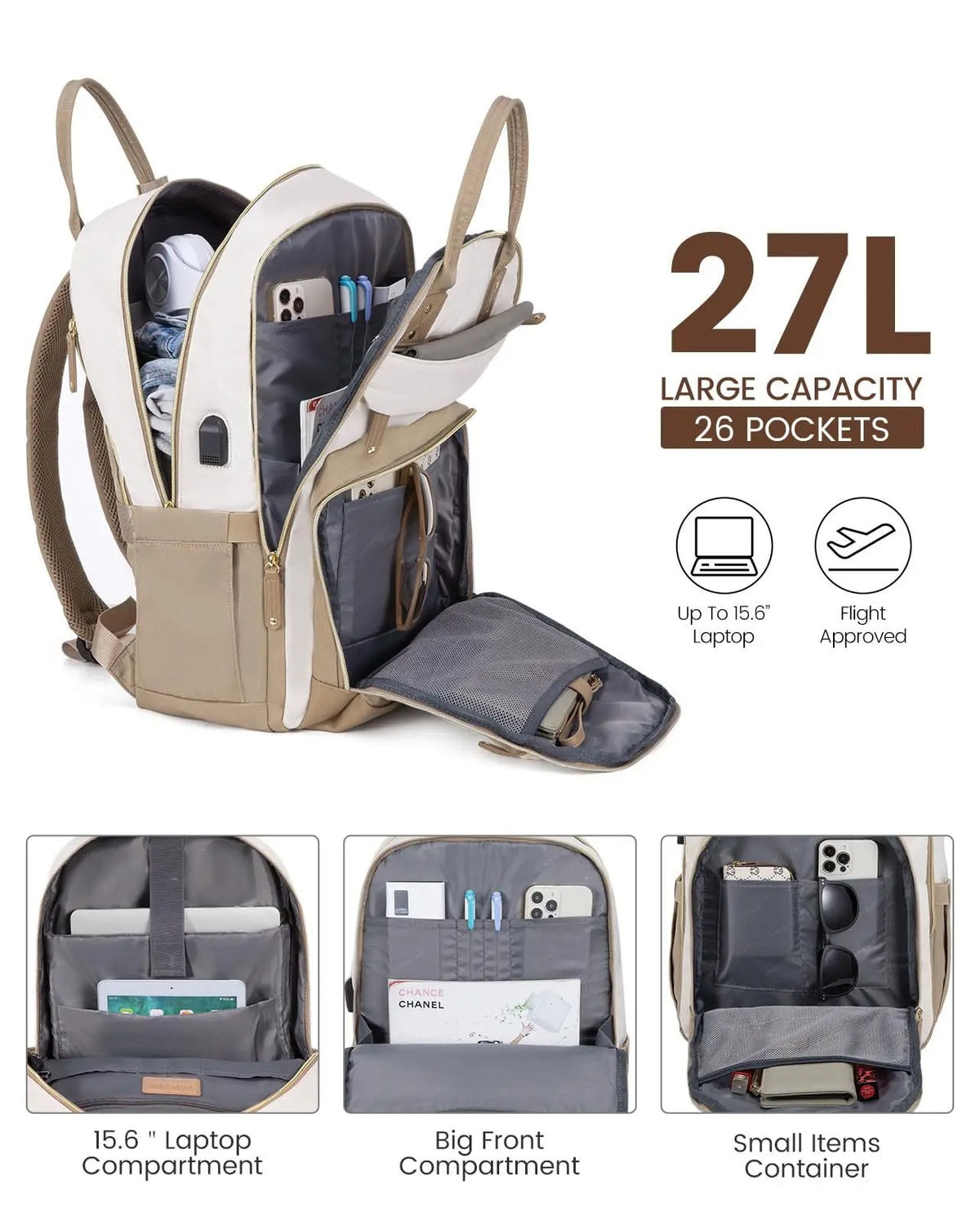 A beige women's fashion laptop backpack with multiple pockets and straps shown in various configurations.