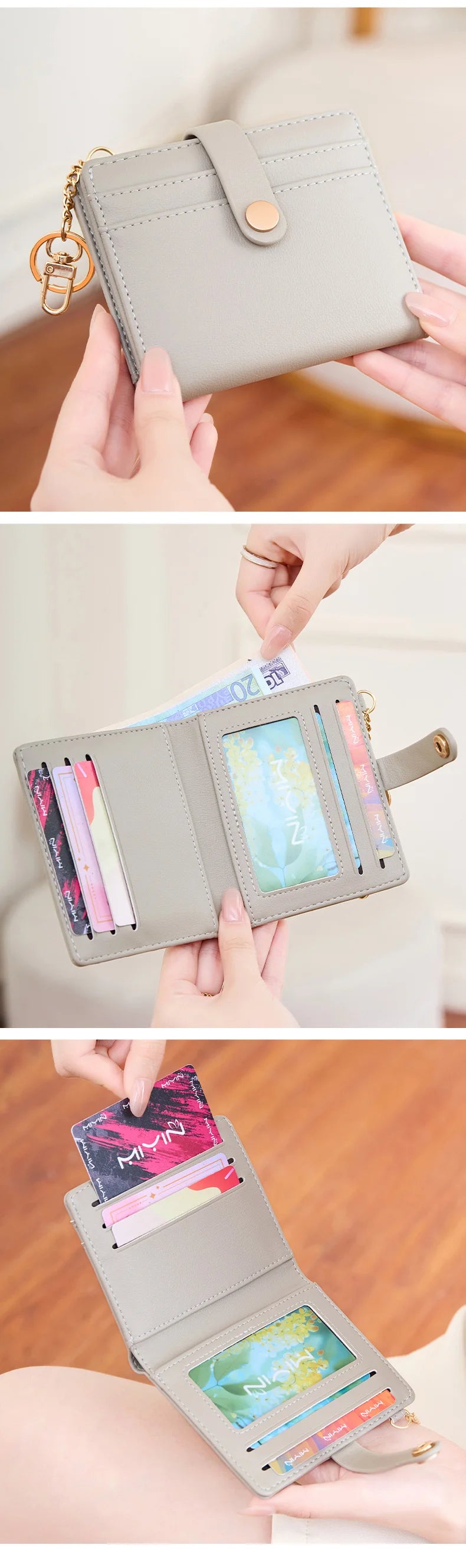 A light gray minimalist wallet is shown being held and opened to display various cards and IDs.