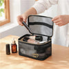 A hand opens a large capacity black mesh travel cosmetic storage pouch to reveal various makeup and skincare products.