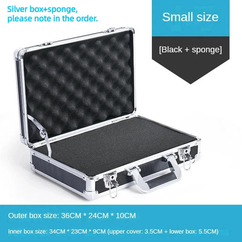 Boîte d'aluminium portable avec éponge, boîte à outils dotée d'un intérieur rembourré et d'un loquet noir.