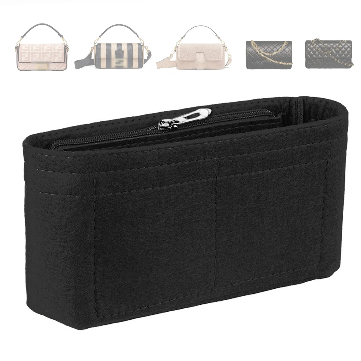 Black felt organizer pouch with a zippered compartment and multiple accessory slots.