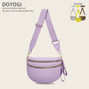 A lilac nylon crossbody bag with a purple strap and gold hardware.