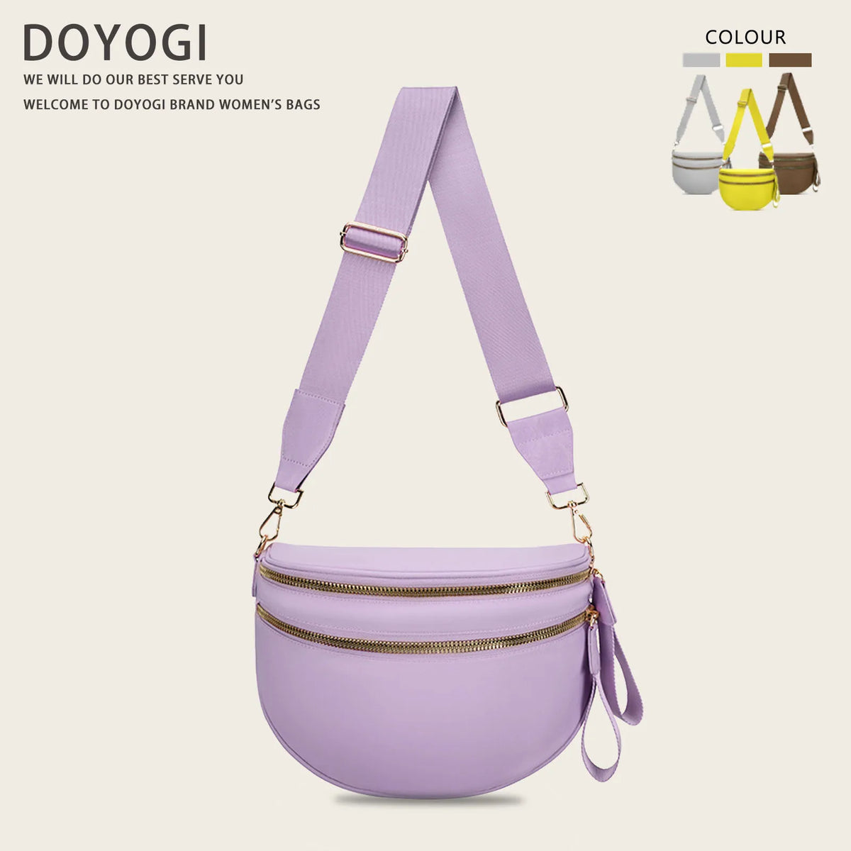 A lilac nylon crossbody bag with a purple strap and gold hardware.