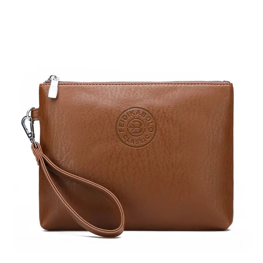 A brown PU leather clutch bag with a silver chain attached, shown in a studio setting.