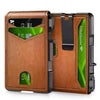 A brown leather card wallet with a green accent, featuring a slim design and RFID blocking features.
