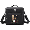 Black insulated canvas lunch bag with dual handles featuring a gold initial and floral design.