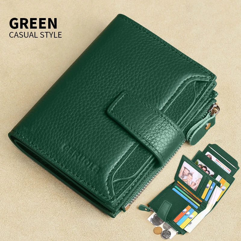 A dark green leather wallet with a zipper closure and multiple cards is shown on a light background.