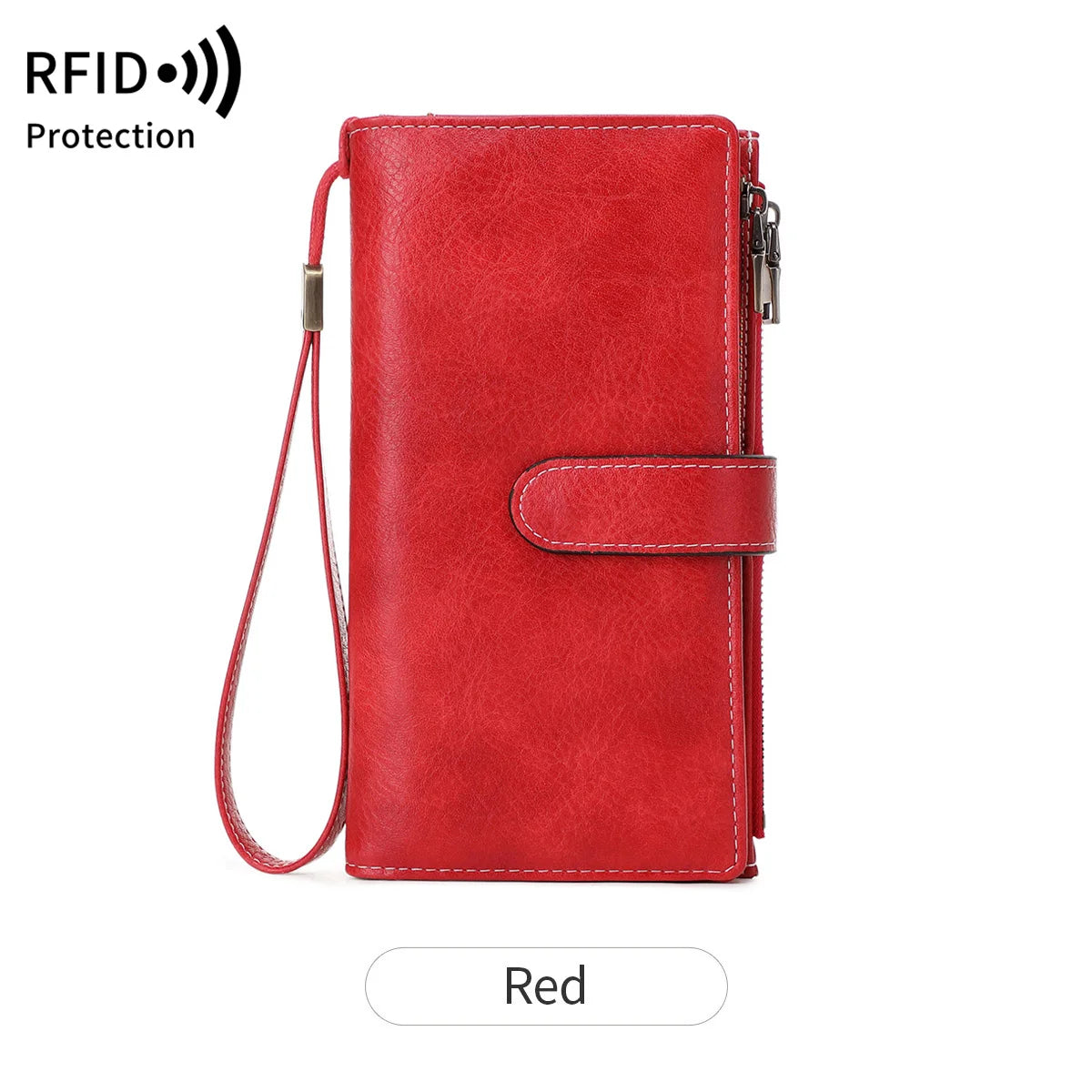 A red leather trifold clutch wallet with a protective RFID shield and attached lanyard.