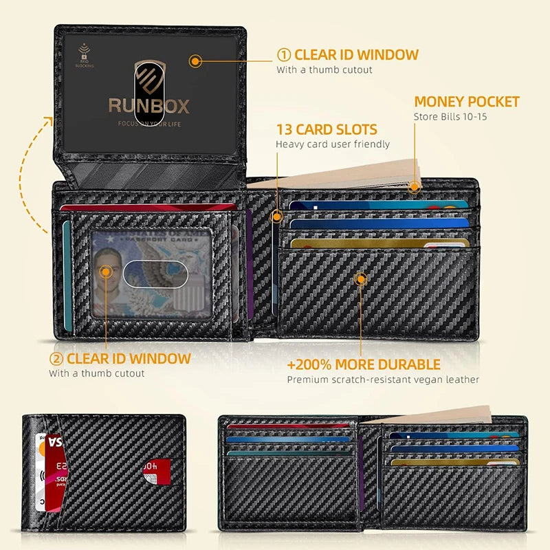A black slim leather wallet with multiple card slots and a clear ID window shown in various configurations.