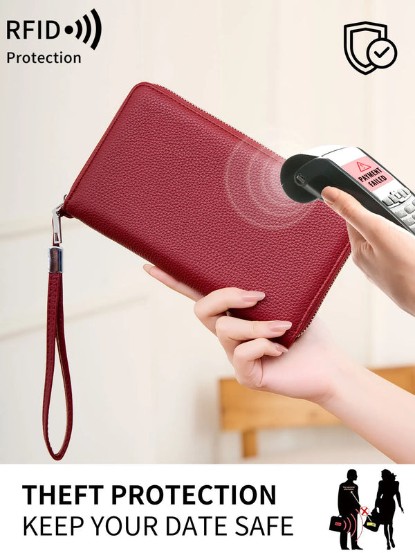 A hand holds a red PU leather zipper wallet with an RFID protection shield, emphasizing theft protection for data safety.