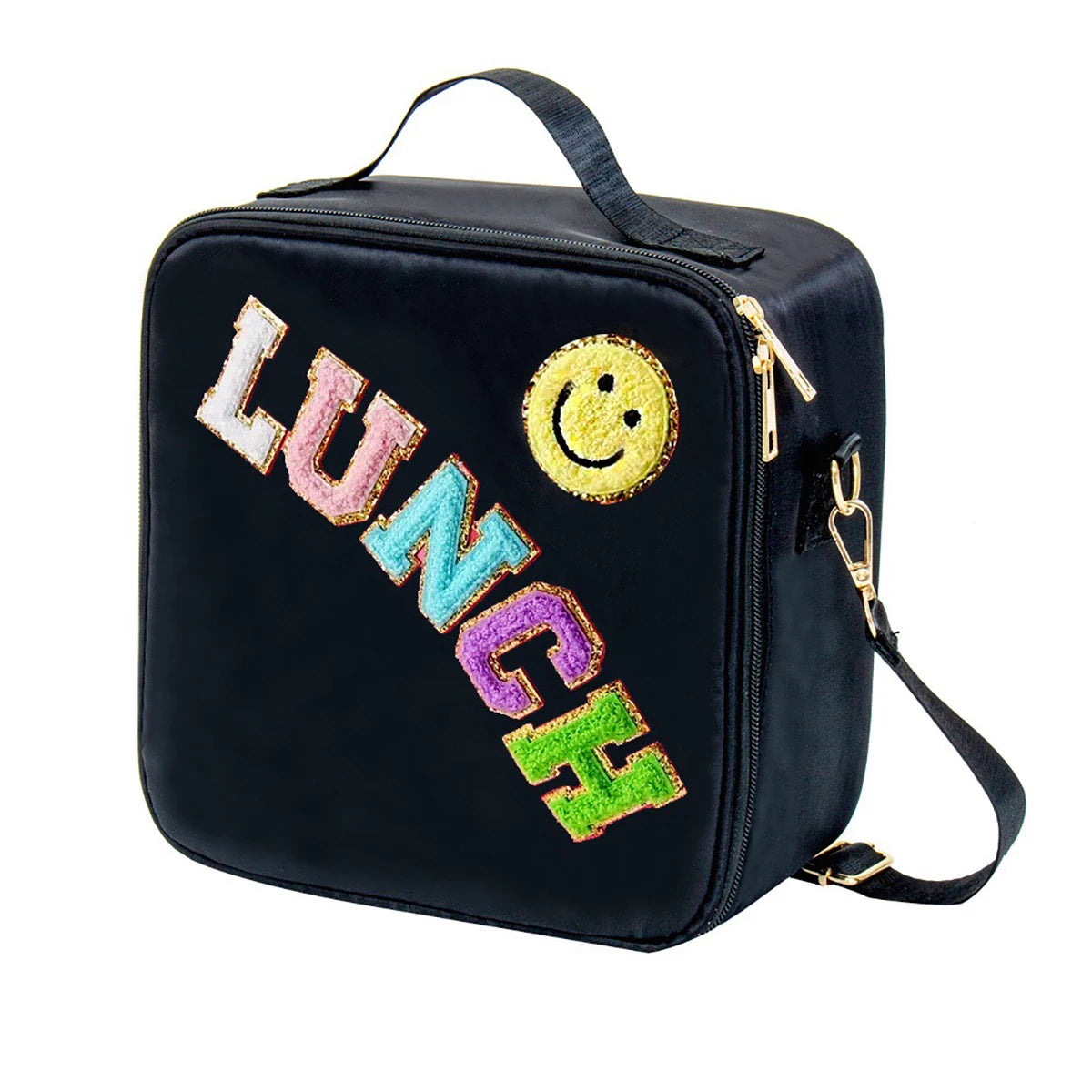 Black insulated lunch bag with a yellow smiley face patch and gold hardware.