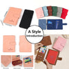 A collection of various passport and ID holder covers in shades of pink, green, blue, and brown leather.