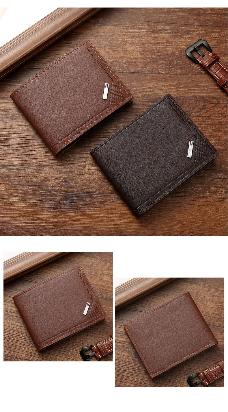 A brown slim leather wallet with a money clip is shown in various angles on a wooden surface.