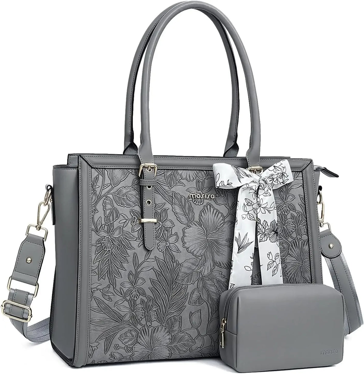 A gray PU leather laptop tote bag featuring a floral pattern and adorned with a matching scarf and clutch.