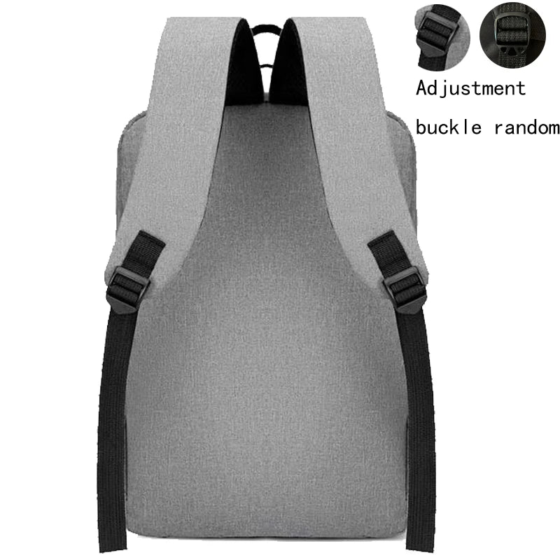 Gray laptop backpack with black straps and adjustment buckle visible from the back.