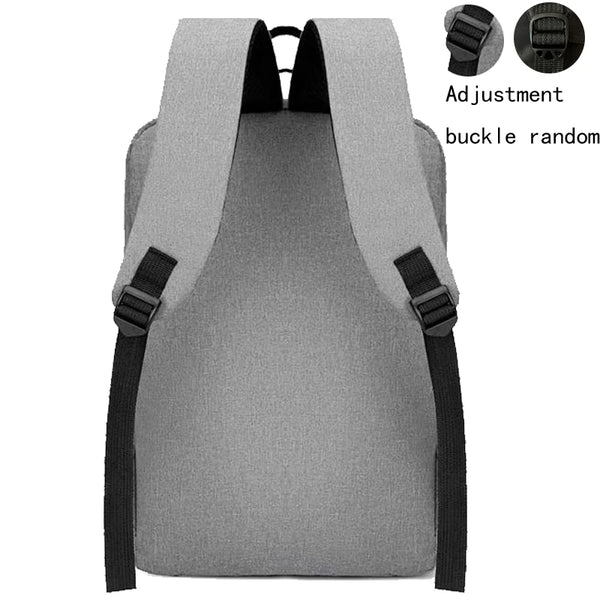 Gray laptop backpack with black straps and adjustment buckle visible from the back.