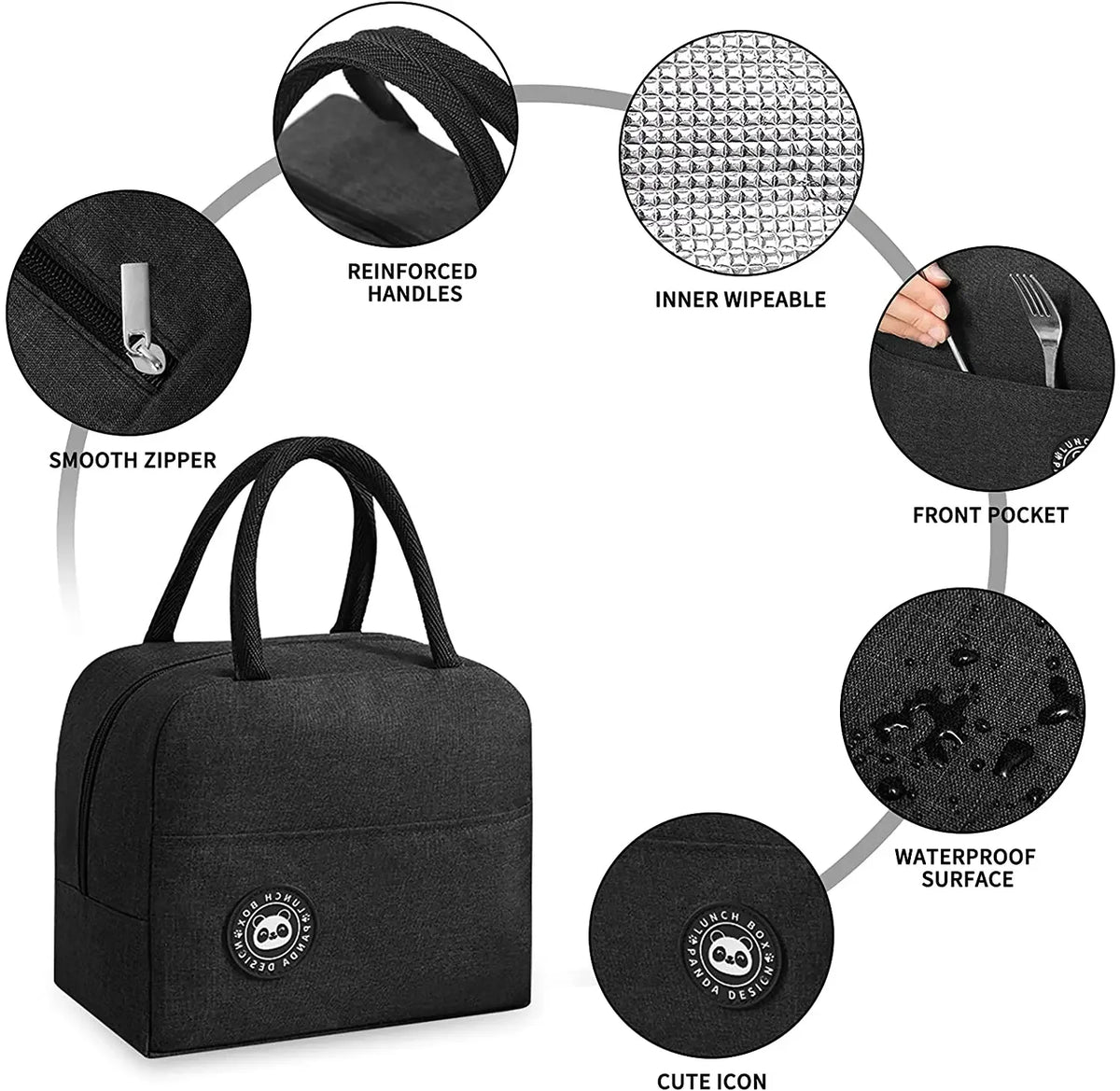 Black insulated canvas lunch bag featuring reinforced handles, inner wipeable lining, front pocket, waterproof surface, and a
