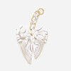 A white and purple patterned fabric bow attached to a gold-toned adjustable strap.