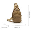 A tan tactical sling bag with a leather strap and multiple pockets shown from the side.