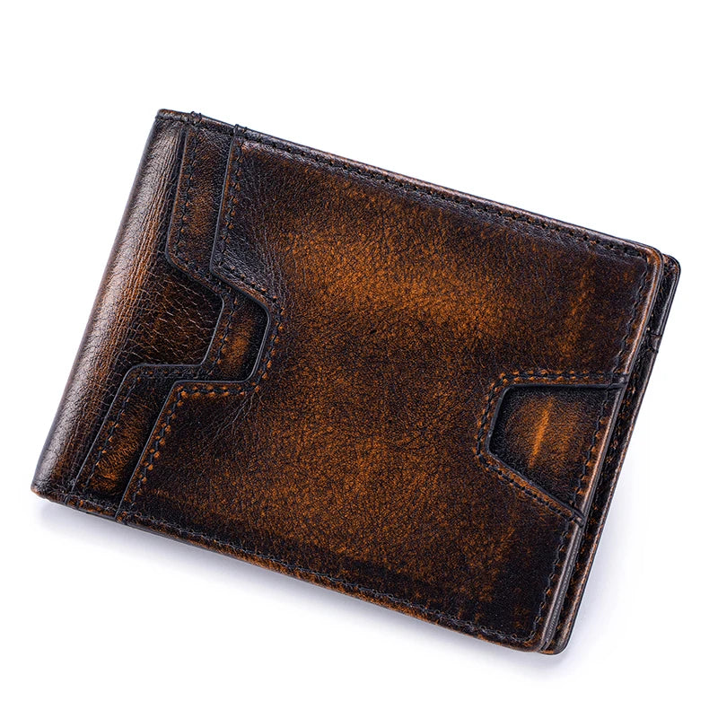 A dark brown leather wallet with a folded design shown from the top angle.