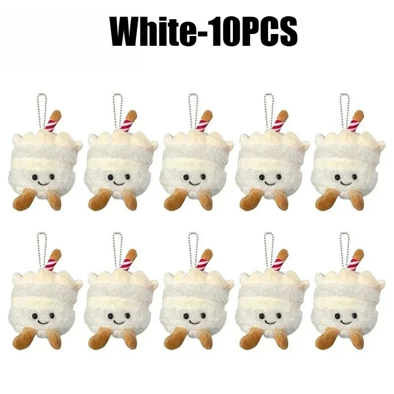 Ten white realistic bread plush keychains hanging by a string.