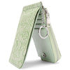 A light green ladies zip coin purse with a floral pattern and a silver key ring attached.