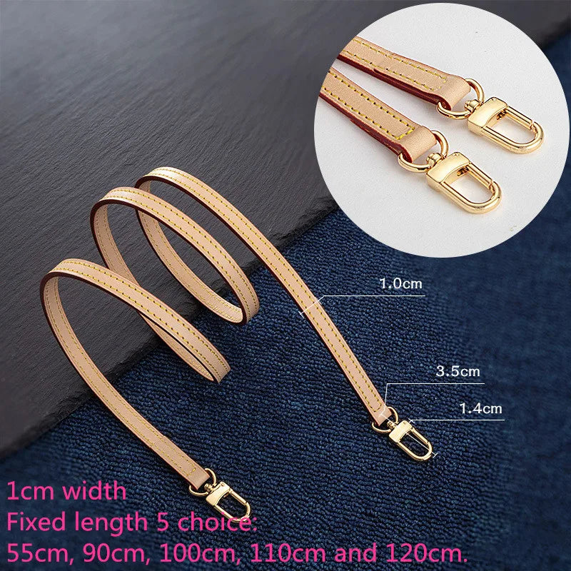 A set of genuine vachetta leather handbag straps with gold-tone buckles shown in various lengths and widths.