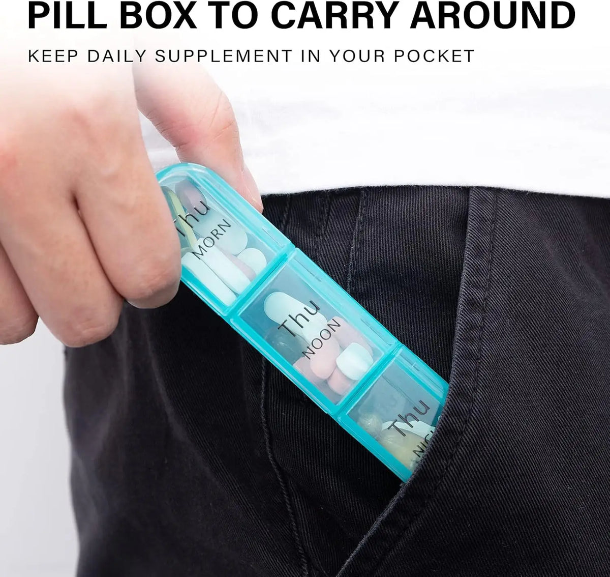 A hand holds a clear pill box organizer with daily supplements inside, demonstrating how to carry medication around.