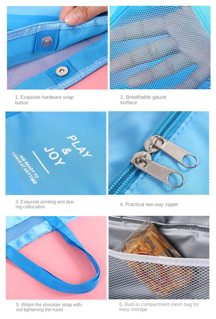 Nahaufnahmen der Merkmale einer isolierten Netztasche für Strand und Picknick, einschließlich Zier- und Stoffdetails