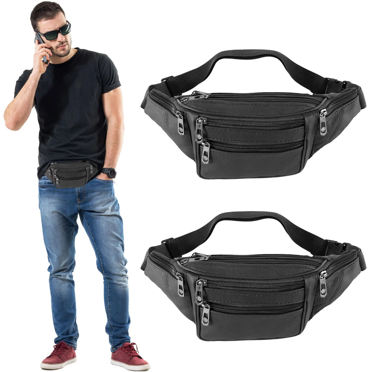 A black genuine leather adjustable waist bag is shown in two views, with a man standing next to it.
