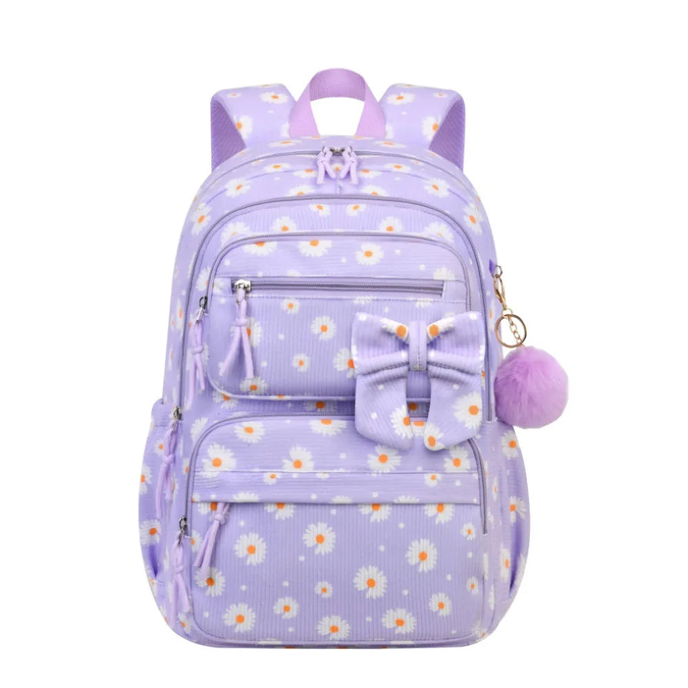 Lila Samt-Schulrucksack-Set für Mädchen mit Schleife und Plüsch-Pompon.